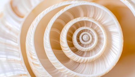 A calming macro closeup of seashell revealing an intricate spiral pattern. an abstract nature background featuring beautiful, natural design, smooth curves and peaceful feelingの素材