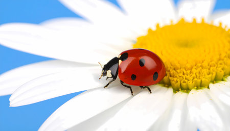 A beautiful red ladybug insect with black spot sitting on delicate white daisy flower. serene macro view of wildlife and nature against vibrant yellow and blue sky backgroundの素材