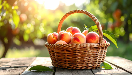 A wicker basket full of fresh ripe peach fruit on rustic wooden table. peaceful summer harvest scene in garden with warm golden sunlight and beautiful bokehの素材
