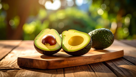 A fresh ripe avocado fruit, healthy and organic food sliced in half on natural wood board. green, raw, and delicious, wholesome meal ingredient in beautiful morning sunlightの素材