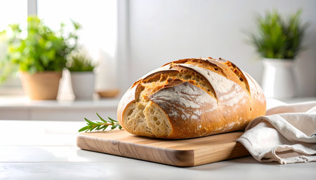 A warm and inviting scene of fresh homemade sourdough bread loaf. crusty rustic loaf sits on cutting board in bright kitchen, ready for baking or healthy food mealの素材