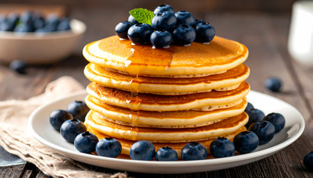 A delicious stack of homemade pancakes with fresh blueberry and sweet syrup. an appetizing breakfast food or dessert, golden and comforting meal on wooden tableの素材