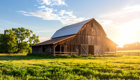 A rustic wooden barn building on farm at sunset. beautiful rural countryside landscape with warm sunlight creates peaceful and serene scene, classic symbol of agricultureの素材