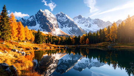 A majestic mountain with snow peak and scenic forest in autumn. calm lake reflects beautiful landscape and nature, creating serene and peaceful feeling of tranquilityの素材