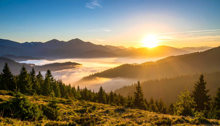 A serene mountain landscape at sunrise over foggy valley. golden sun and beautiful light create scenic view of forest, peak, and stunning nature backgroundの素材
