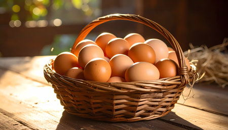 A fresh brown chicken egg in rustic wicker basket on wooden table. wholesome organic food concept with warm sunlight for cozy, healthy country farm feelingの素材