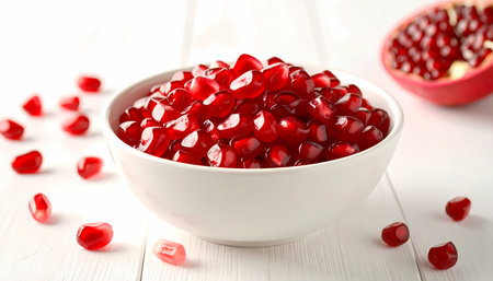 A fresh red bowl of juicy pomegranate seed on white wood background. healthy, organic fruit full of vitamins, raw food perfect for natural diet and delicious snackの素材