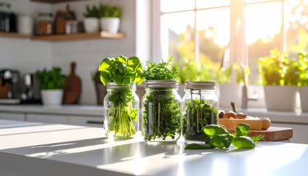 A fresh green herb collection in glass jar on kitchen counter. warm, natural scene with bright sunlight for healthy cooking and peaceful lifestyle full of homegrown plantの素材