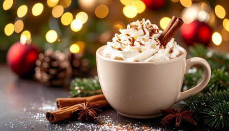 A cozy mug of hot chocolate with whipped cream, perfect warm beverage for festive christmas holiday. winter comfort with cinnamon spice and festive decorationの素材