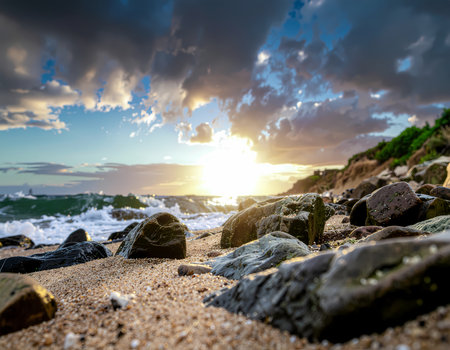 A dramatic sunset sky with cloud over rocky beach coast. ocean wave washes onto sand and rock, creating beautiful and peaceful sceneの素材
