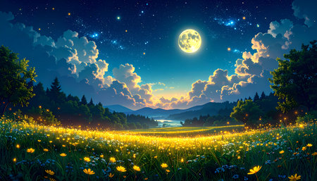 A beautiful magical night landscape with full moon, starry sky, and glowing yellow flower field. serene, peaceful, dreamy fantasy nature sceneの素材