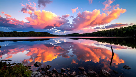 A serene lake at sunset with colorful cloud reflection on calm water. beautiful peaceful landscape scenery with vibrant sky at twilightの素材
