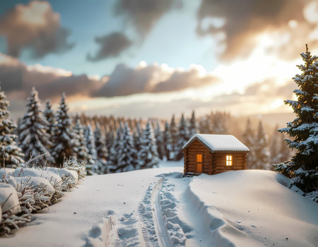 A cozy wooden cabin glows with warm light in peaceful snowy winter forest landscape at sunset. serene scene offers sense of tranquilityの素材