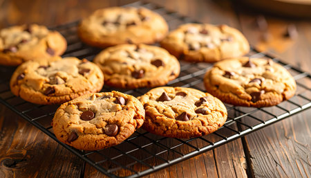 A warm and delicious batch of homemade chocolate chip cookie cooling on wire rack. this fresh baked sweet dessert offers comforting and indulgent feeling, classic tasty foodの素材