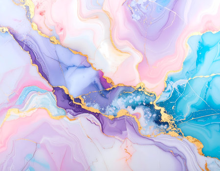 An elegant abstract marble background texture with dreamy pastel pink, purple, and blue color. luxurious liquid ink art with gold vein creating serene and modern designの素材