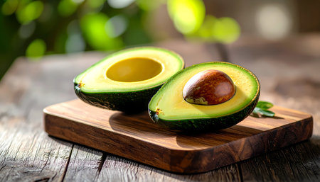 A fresh, healthy green avocado fruit cut in half with seed on display. this organic food sits on rustic wood board, perfect superfood ingredient for nutritious dietの素材