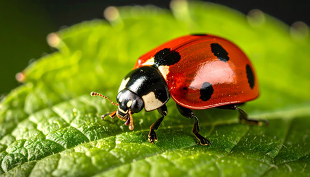 A vibrant red ladybug with black spots crawling on fresh green leaf. tranquil macro closeup of tiny insect highlighting delicate beauty of nature and wildlife in gardenの素材