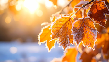A serene autumn leaf covered in morning frost, glowing in warm golden sunlight. beautiful, peaceful nature background showing first sign of winter cold and changing seasonの素材