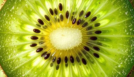 An extreme close up macro shot of vibrant green kiwi fruit slice. detailed texture view of fresh, juicy fruit with black seed creating natural abstract patternの素材
