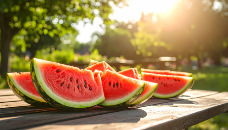 A juicy red watermelon slice on rustic wood table for fresh fruit picnic. happy summer day outdoor with refreshing healthy snack and beautiful sunny background lightの素材