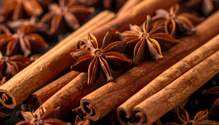 A warm and fragrant close up of brown cinnamon sticks and star anise. these aromatic spices create textured background, perfect for cooking, baking, and seasoningの素材