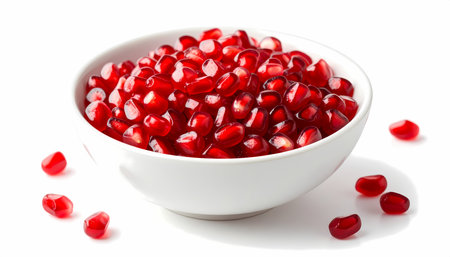 A white bowl full of fresh juicy red pomegranate seed aril. healthy fruit food isolated on white background. delicious and vibrant ingredient for healthy dietの素材