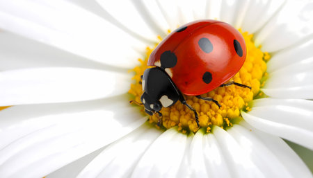 A beautiful red ladybug insect on white daisy flower, peaceful macro of summer nature. one lucky ladybug exploring bright yellow center of bloomの素材