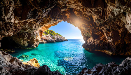 A peaceful view from rock cave of blue sea and sunny coast. this stunning nature landscape with clear water and bright sunlight creates wonderful sense of tranquil escapeの素材