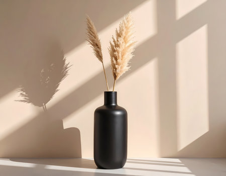 A calm still life with pampas grass in black vase. minimalist home decor with natural light and shadow against simple beige backgroundの素材