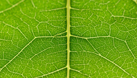 A macro view of green leaf shows intricate vein texture and organic patterns. this detailed plant structure feels fresh and naturalの素材