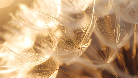 A macro closeup of delicate dandelion seed parachutes glowing in warm, golden sunlight. serene and fragile detail evokes peaceful and gentle feeling of hope and natureの素材