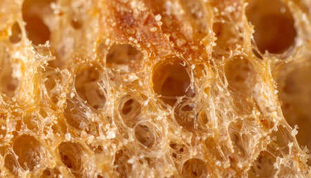 A macro texture background of delicious baked bread crumb and crust. close up detail of fresh golden food from an artisan homemade bakeryの素材