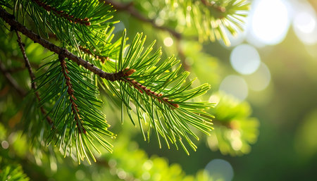 A closeup of beautiful green pine tree branch with evergreen needles feeling serene and peaceful with warm sunlight in natural forestの素材