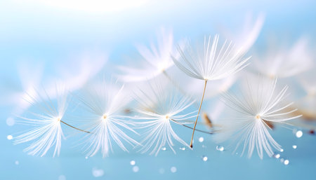 A gentle macro detail of delicate dandelion seed and pappus floating on serene light blue background. calm and hopeful image representing nature simple beautyの素材