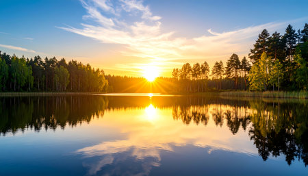 A tranquil golden sunset over calm lake with sky reflection in water. beautiful scenic nature landscape creating peaceful moodの素材
