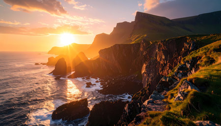 A serene golden sunset light over beautiful dramatic coast. sea and ocean meet rugged cliff and mountain landscape for scenic viewの素材