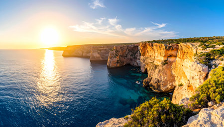 A serene sunset over beautiful ocean coast with cliffs. golden light reflects on tranquil blue water in majestic natural landscapeの素材