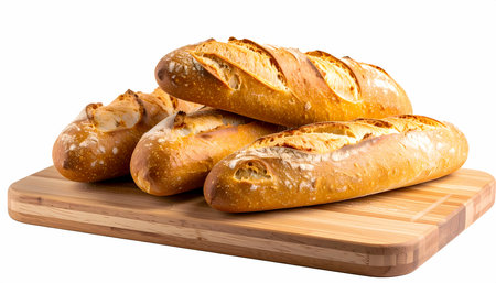 An appetizing golden brown baguette loaf fresh from bakery. crusty french bread on wood cutting board, delicious carbohydrate for mealの素材