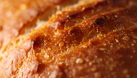A close up detail of fresh baked loaf of bread showing golden brown crust. warm, crispy, appetizing texture perfect for healthy mealの素材