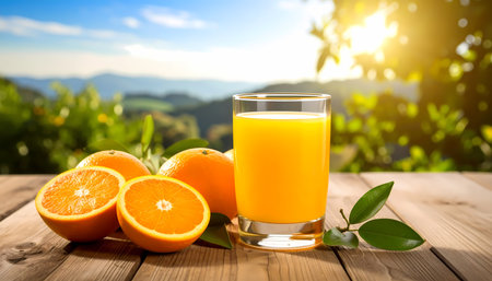 A refreshing glass of fresh orange juice with ripe fruit on wood table. healthy natural beverage with bright sun and green summer landscapeの素材