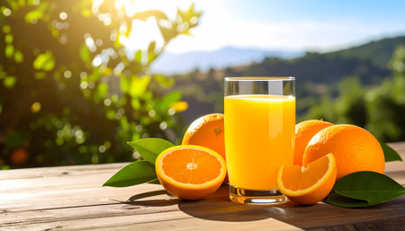 A refreshing glass of fresh orange juice and healthy fruit on an outdoor wood table. natural, healthy drink perfect for sunny morningの素材