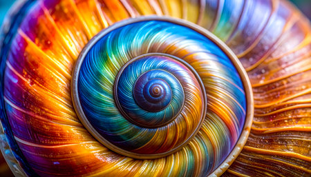A mesmerizing macro view of colorful rainbow spiral shell. vibrant abstract pattern in nature showing harmony and perfect geometric beautyの素材