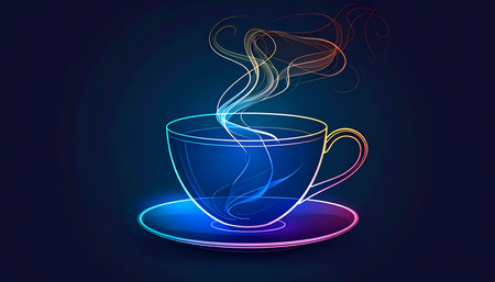A glowing neon cup with colorful abstract steam from hot tea or coffee drink. magical futuristic light art vector on dark isolated backgroundの素材