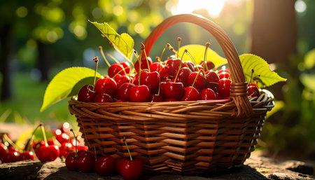 A fresh red cherry fruit in wicker basket on wood table. peaceful natural summer harvest in garden with warm sun light and bokeh backgroundの素材