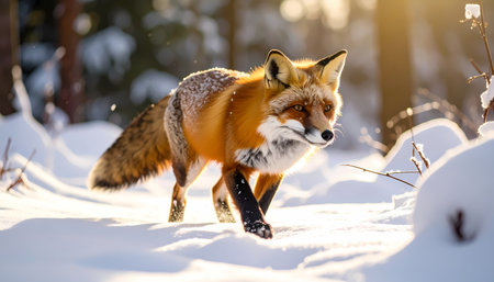 An alert red fox, wild animal, walking through beautiful snowy forest. this focused wildlife creature hunts in cold winter sunlightの素材