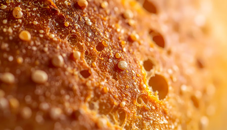 A warm fresh golden bread crust with delicious rustic texture. macro closeup food background detail from homemade baking shows comforting detailの素材