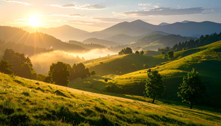 A beautiful peaceful sunrise over green mountain landscape and rolling hill. golden light and morning fog in scenic valley creating serene viewの素材