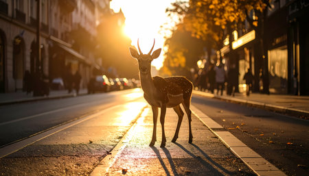 A calm wild deer standing on urban city street at sunset. surreal wildlife in nature during golden autumn evening with warm light and shadowの素材