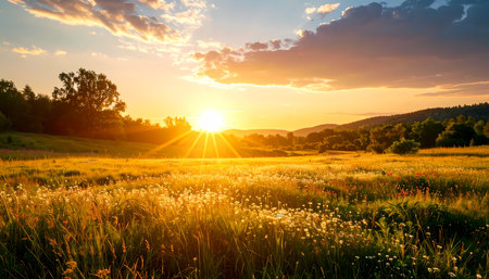 A tranquil sunset landscape with golden sun light shining over nature field and sky. beautiful and scenic view of countrysideの素材