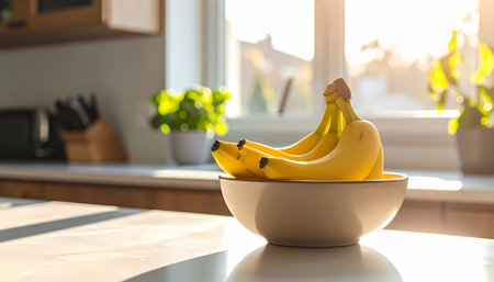 A warm bunch of yellow banana fruit in bowl on kitchen counter. fresh natural food in morning sunlight creating peaceful healthy vibeの素材